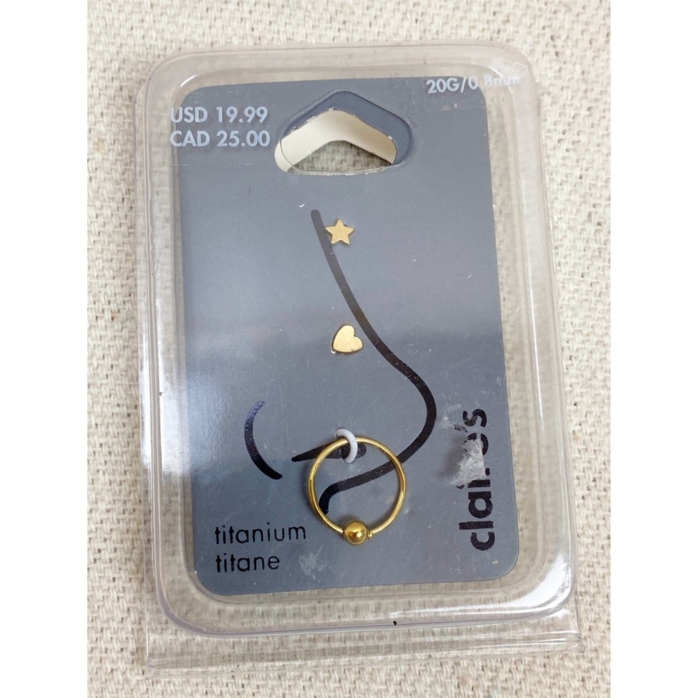 Claire's 20 gauge Titanium Gold tone Nose Ring Set of 3 star heart hoop